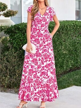 #92 Pretty Garden Floral Dress Boho Ruffle Flowy Maxi Long Dresses